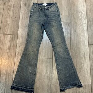 Embellished Distressed Hem Flare Jeans - Studded Denim Boho‎ Y2K Style sz 1/25